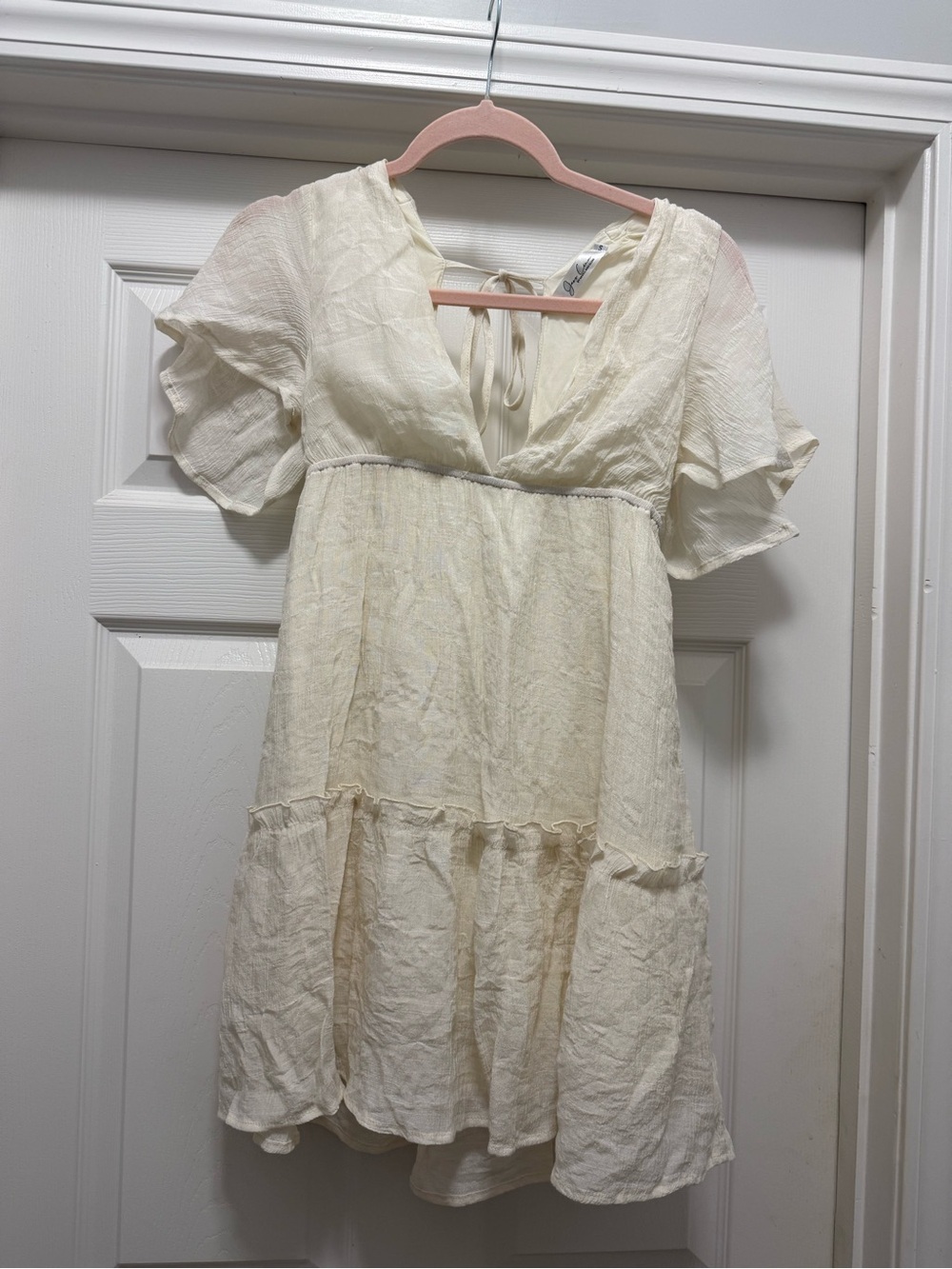 Light Cream V-Neck Tiered Mini Dress with Short Flutter Sleeves